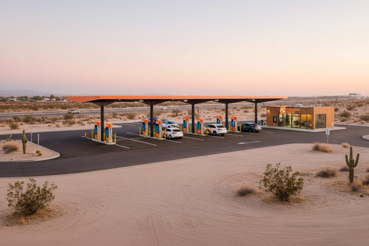 Desert charging station surrounded by Joshua Trees